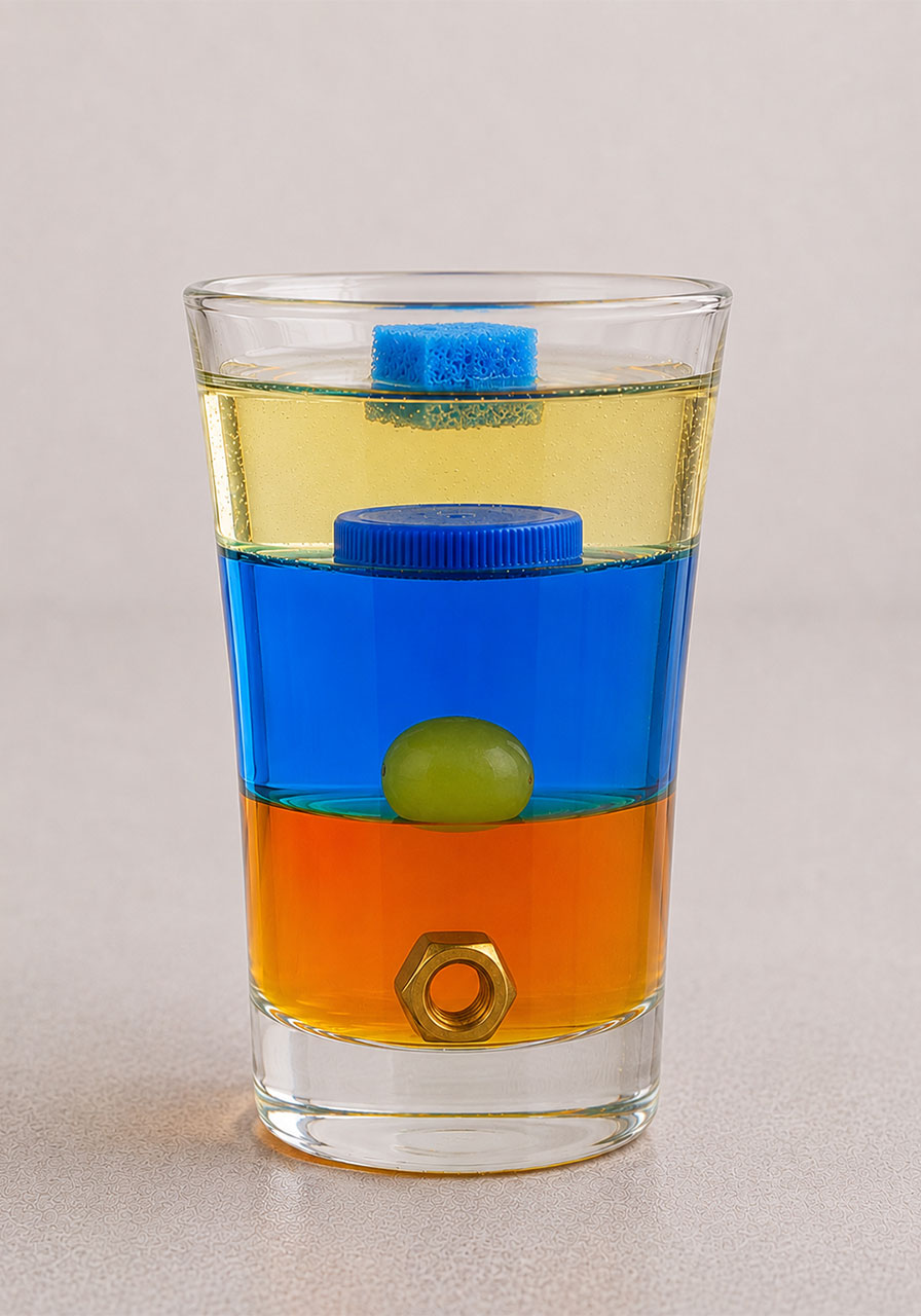 Comparison of sponge, bottle cap, grape, and metal nut floating at different density levels