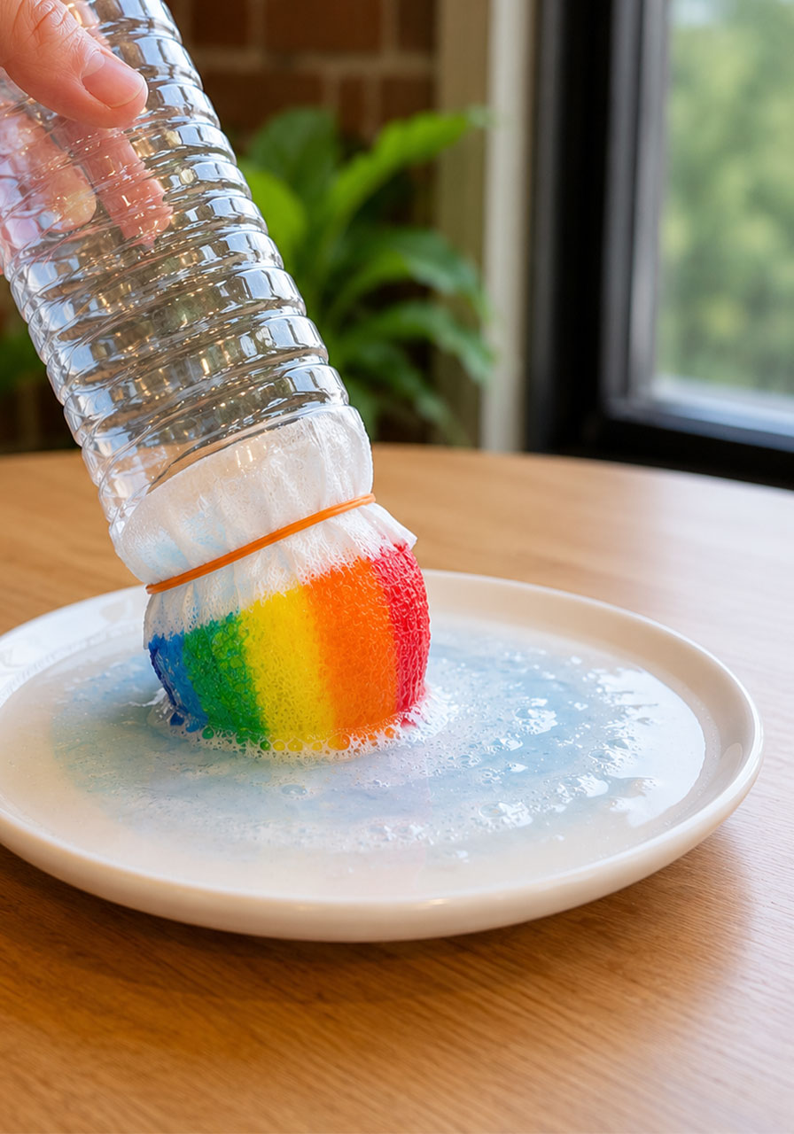 Dipping rainbow fabric-covered bottle into soap solution before blowing bubble snake