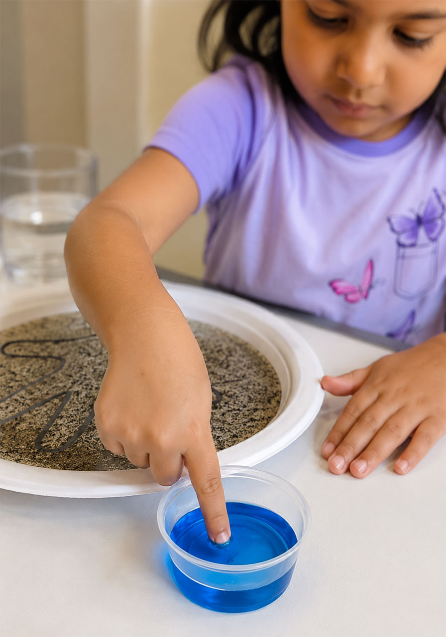 Toddler dipping a finger in dish soap before touching the pepper-covered water