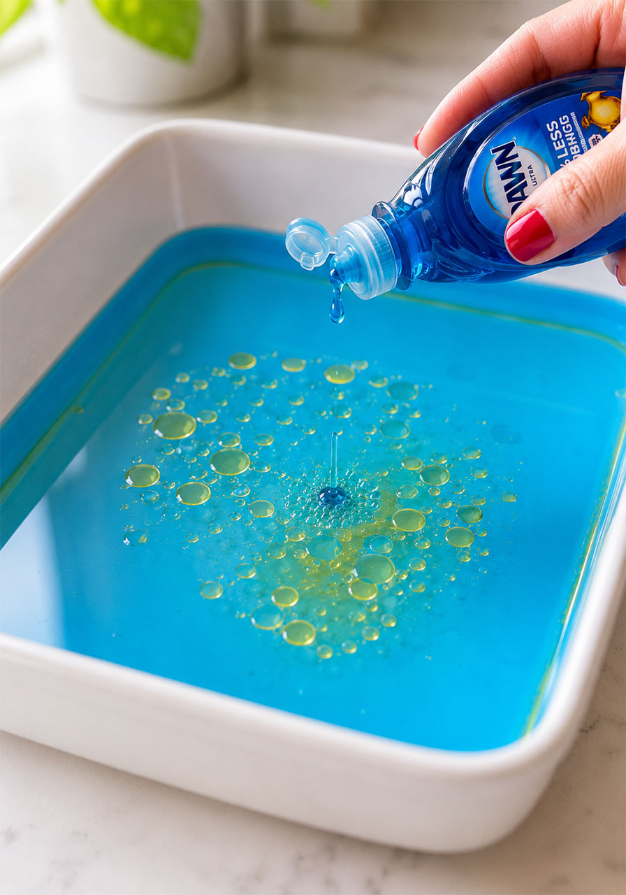 Dish soap breaking apart oil in a water tray during an oil spill science experiment