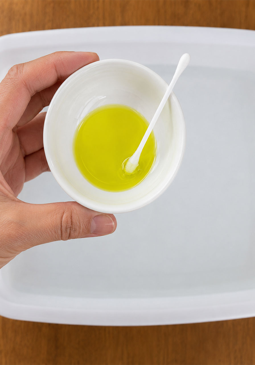 Dish soap in small bowl with cotton swab for swimming fish science experiment