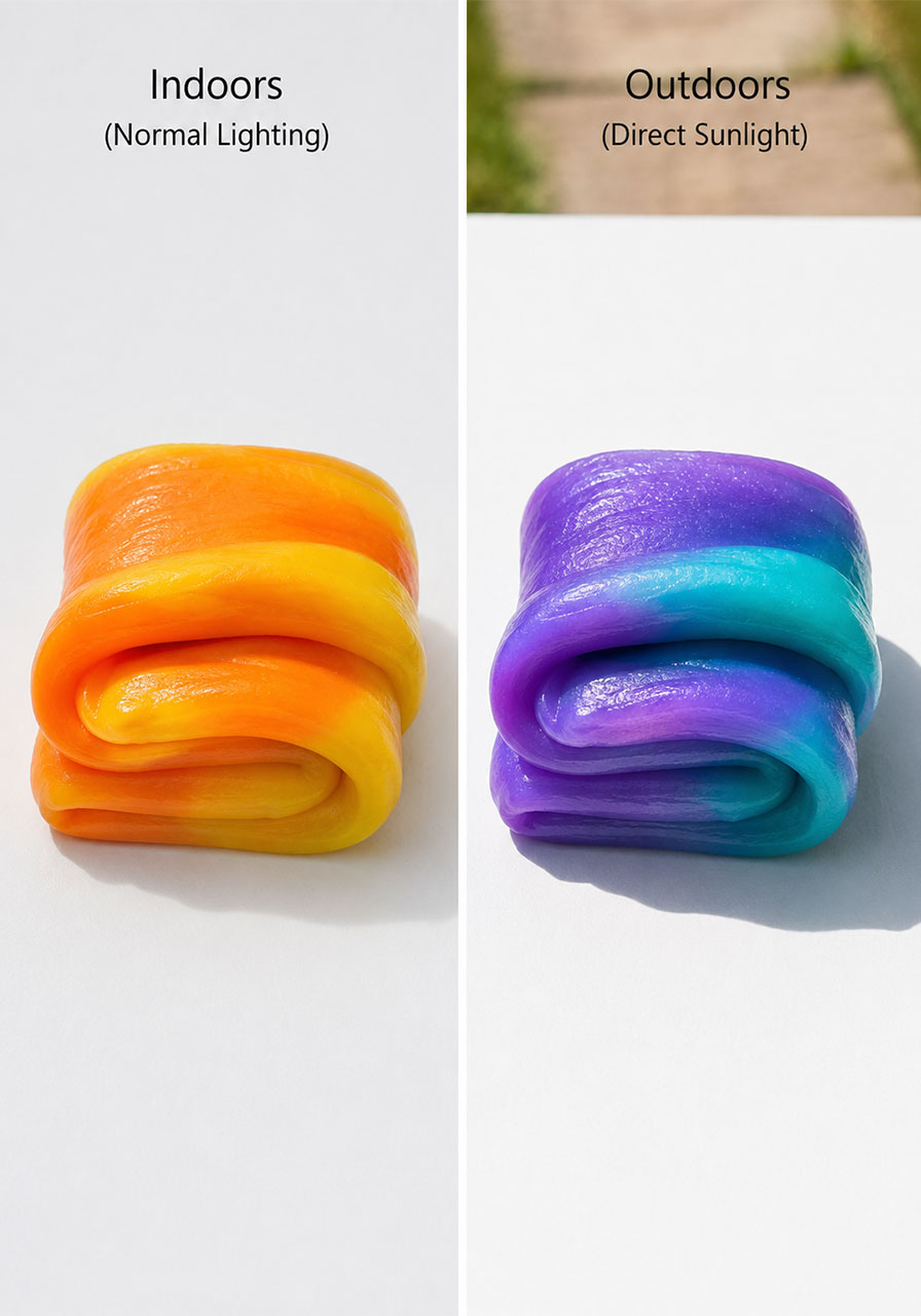 Before and after comparison of slime color change from sunlight exposure