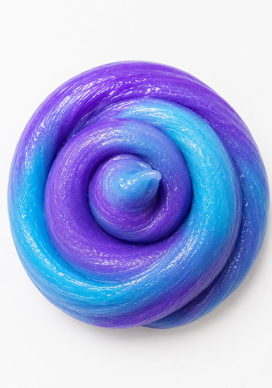 Blue and purple slime swirled together showing glossy stretchy texture