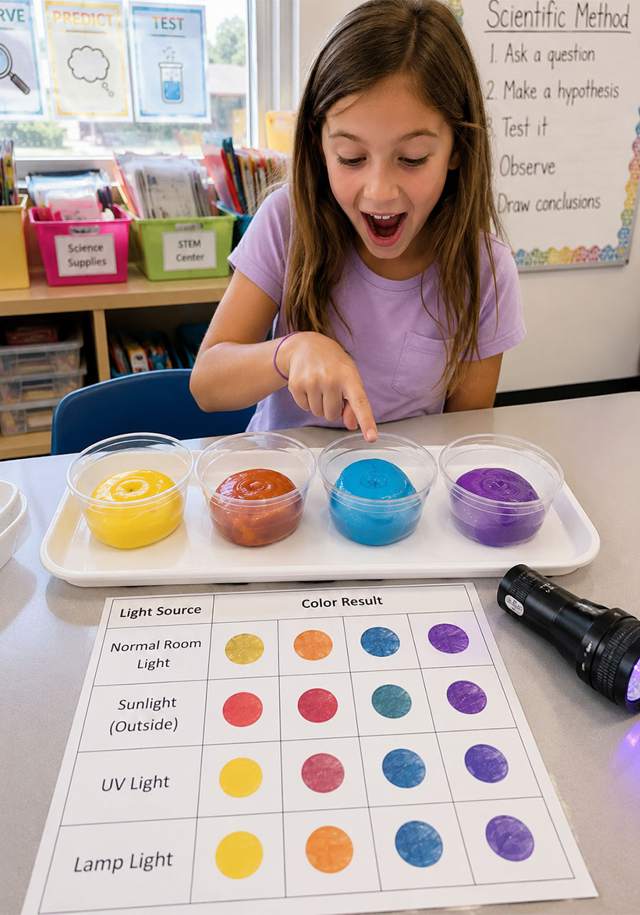Classroom STEM station testing slime color change under different light sources