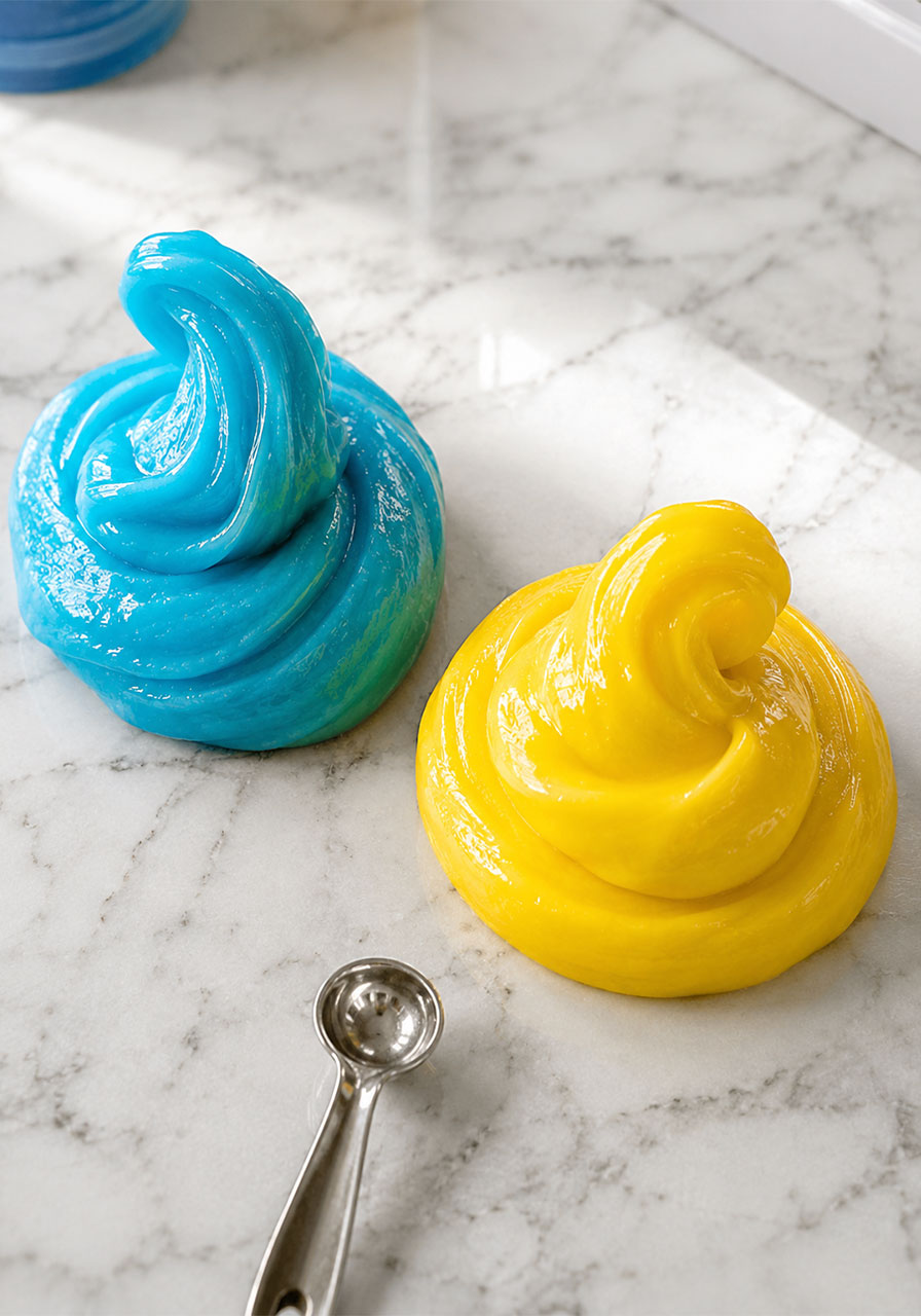 Finished blue and yellow DIY color-changing slime balls ready for kids STEM activit