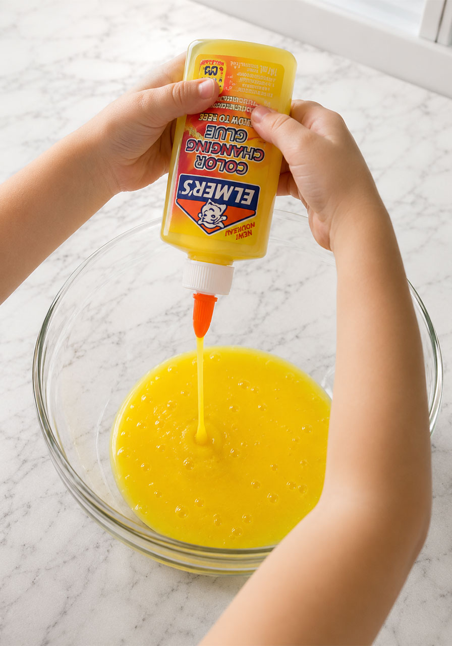Pouring color-changing glue into mixing bowl for slime recipe step one