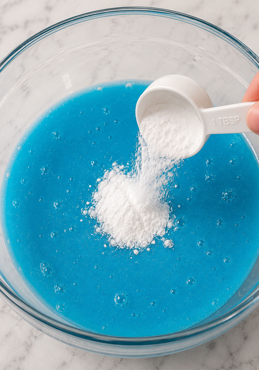 Adding baking soda to blue glue mixture for color-changing slime recipe