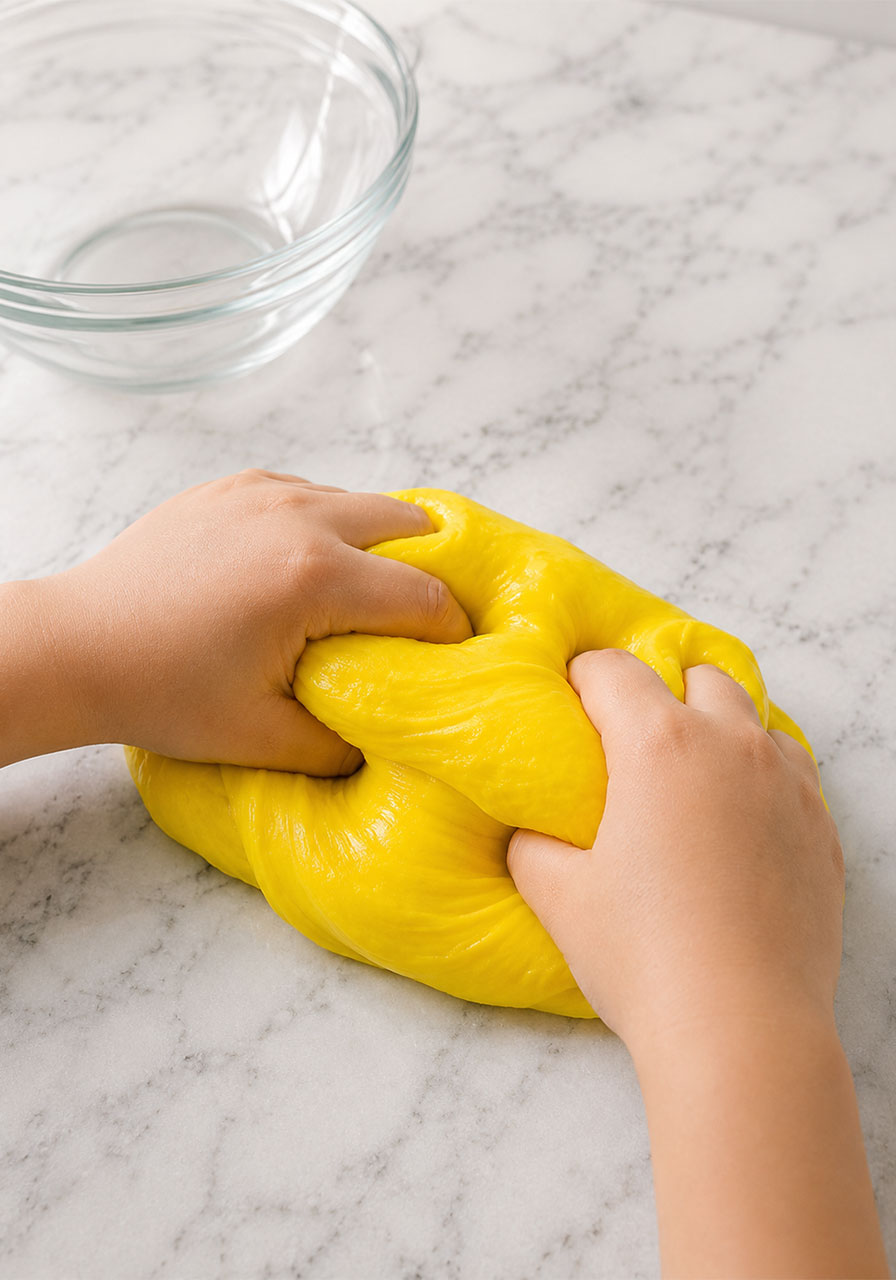 Kneading yellow slime by hand until smooth and no longer sticky