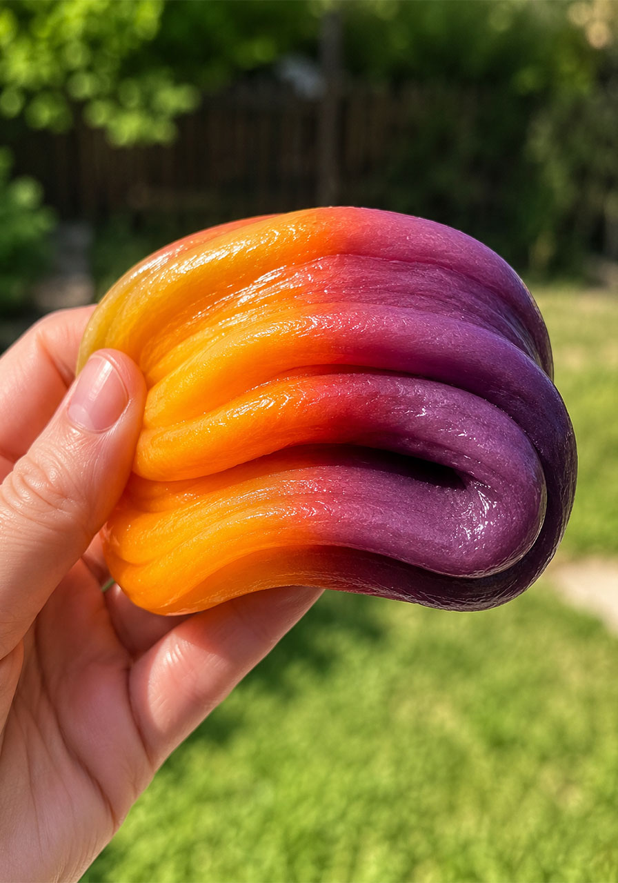 Close-up of slime transforming color gradient in direct sunlight