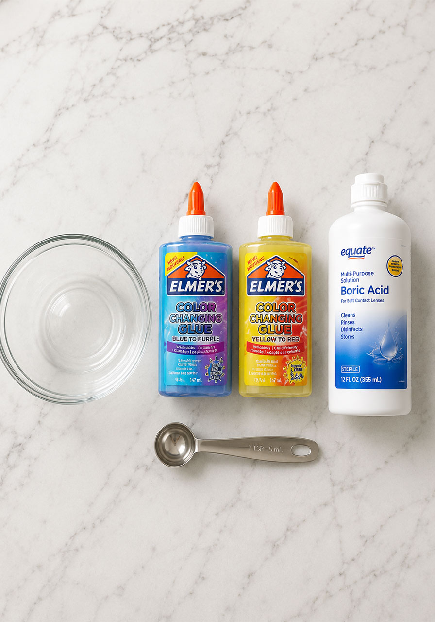Supplies needed for DIY color-changing slime including color-changing glue and contact solution