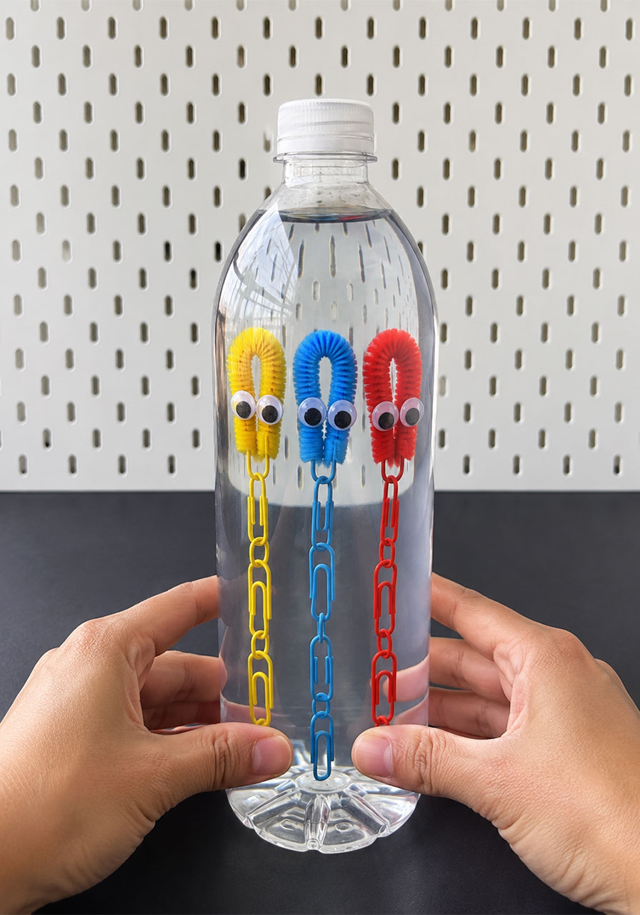 DIY floating octopus in a bottle fun STEM activity with three colorful divers