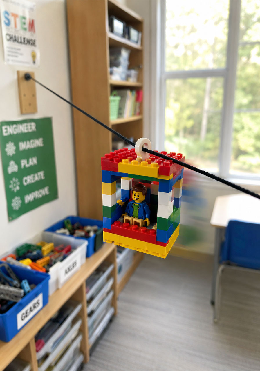 DIY LEGO zip line activity with minifigure cage sliding down string