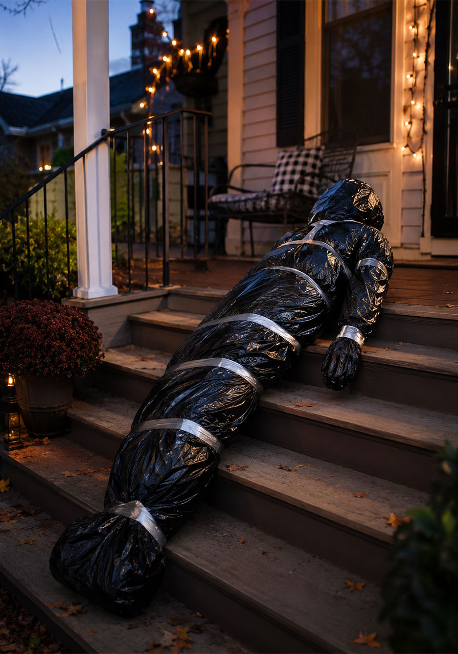 DIY mummified corpse Halloween prop made from bottles and trash bags