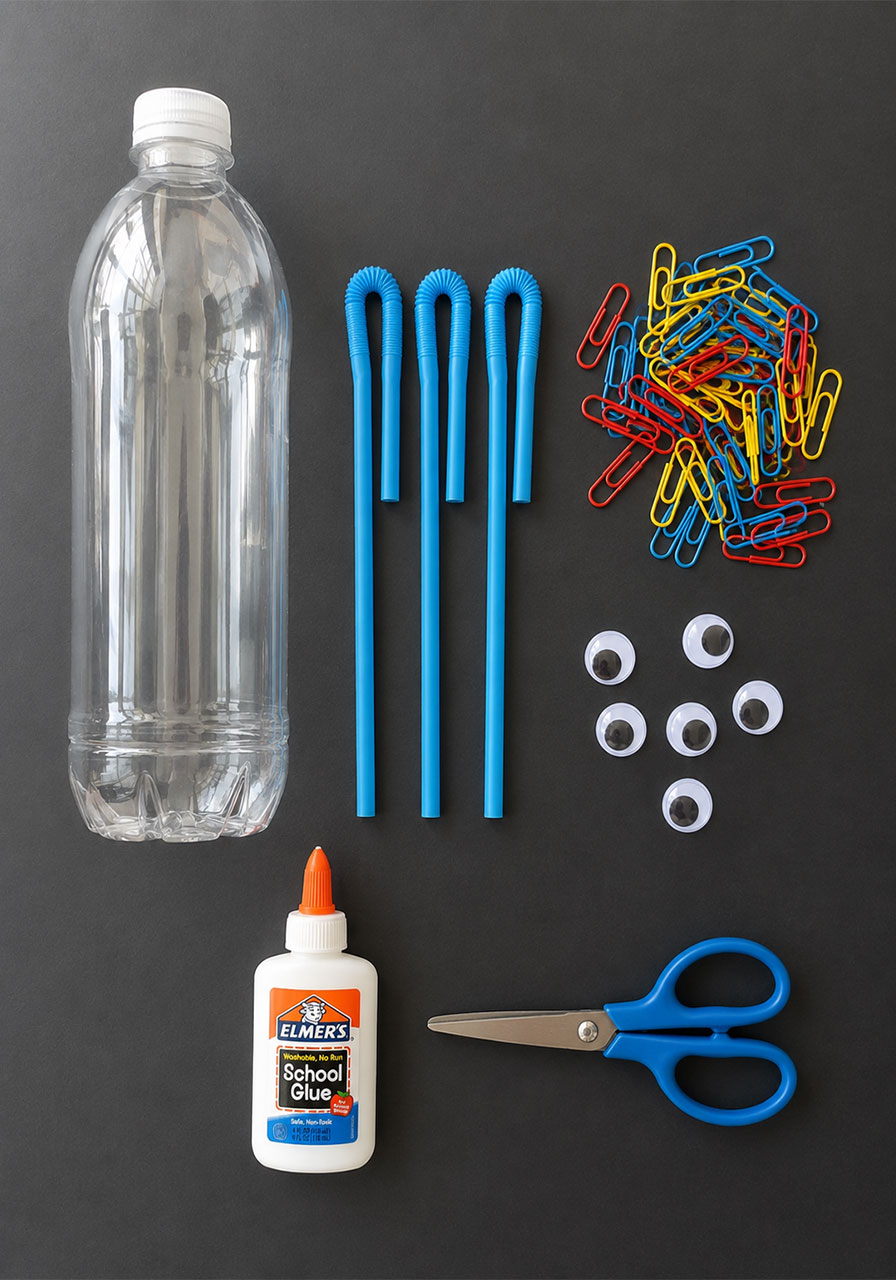 Materials needed for DIY floating octopus in a bottle STEM activity