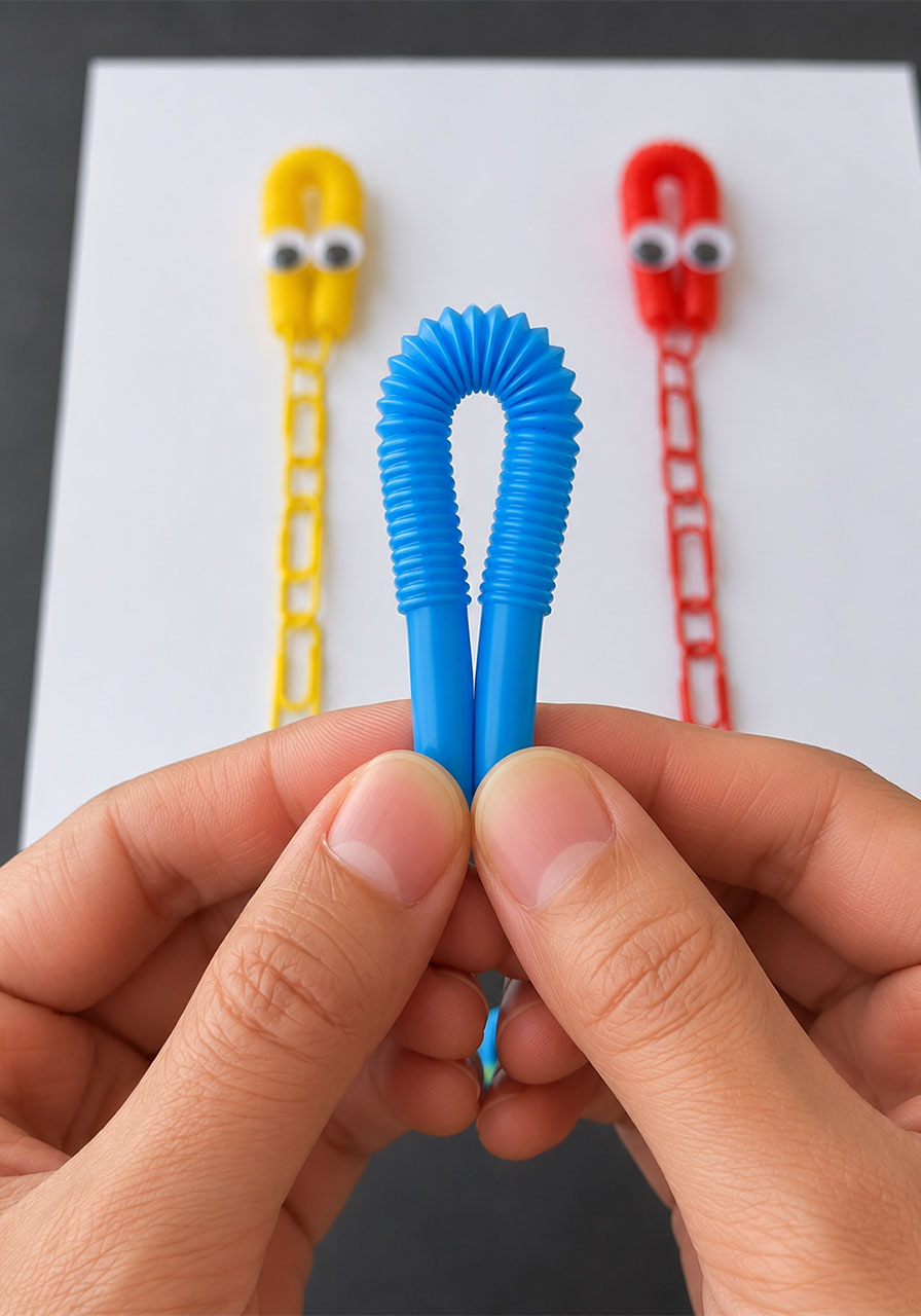 Folding straw into octopus head loop for STEM bottle activity