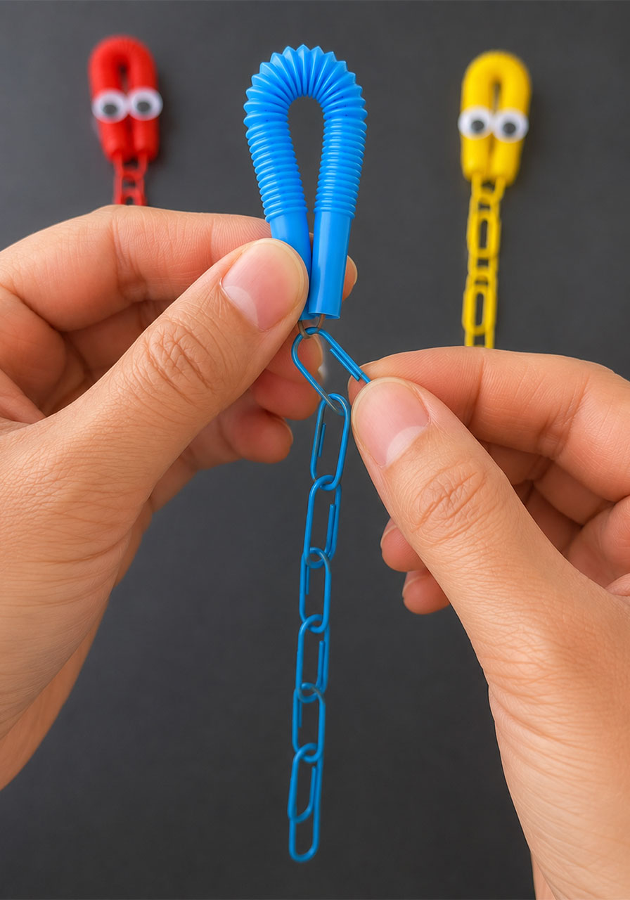 Attaching paperclip chain to straw octopus diver for buoyancy