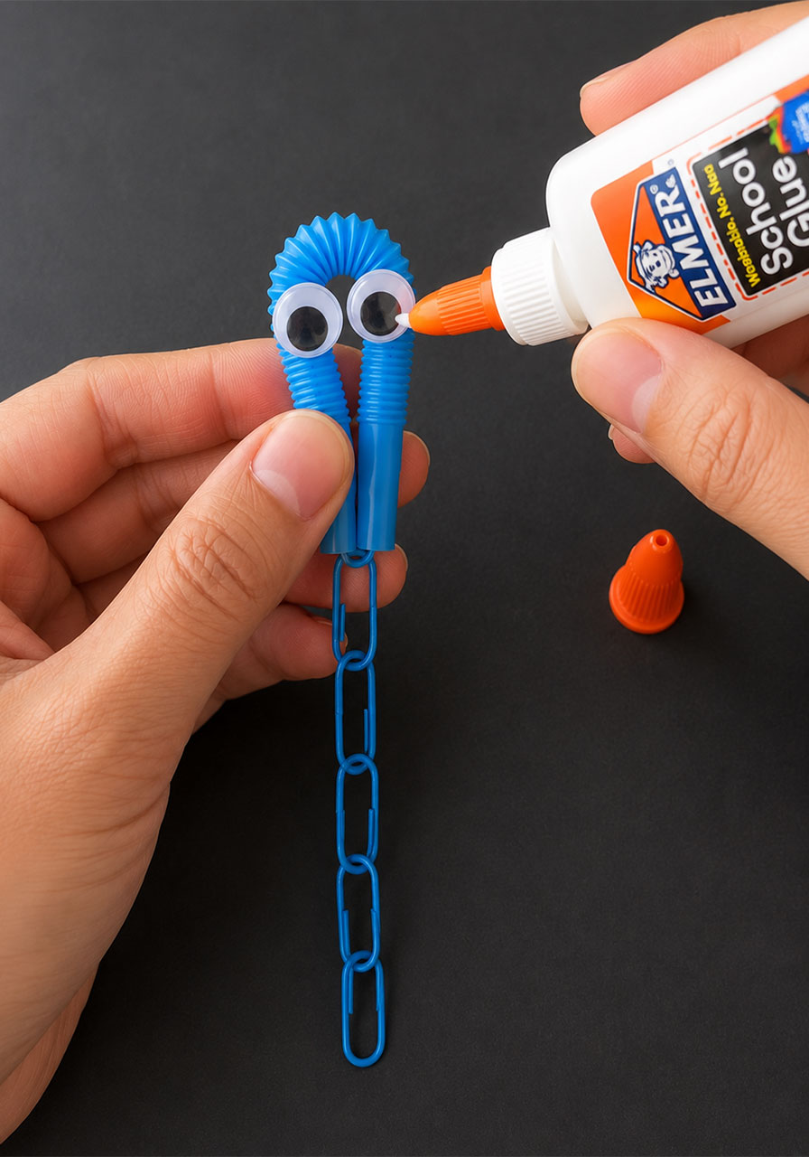 Gluing googly eyes onto STEM octopus bottle diver craft