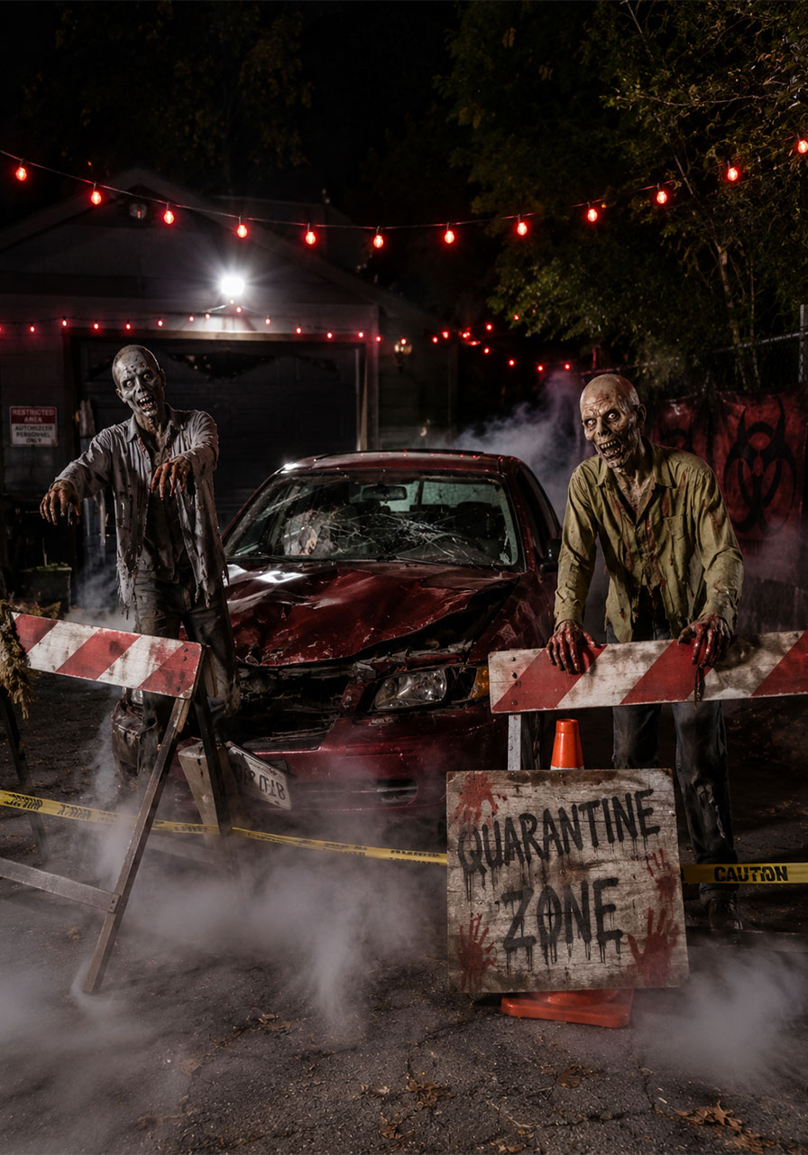 DIY zombie apocalypse driveway Halloween decoration with wrecked car prop and fog machine