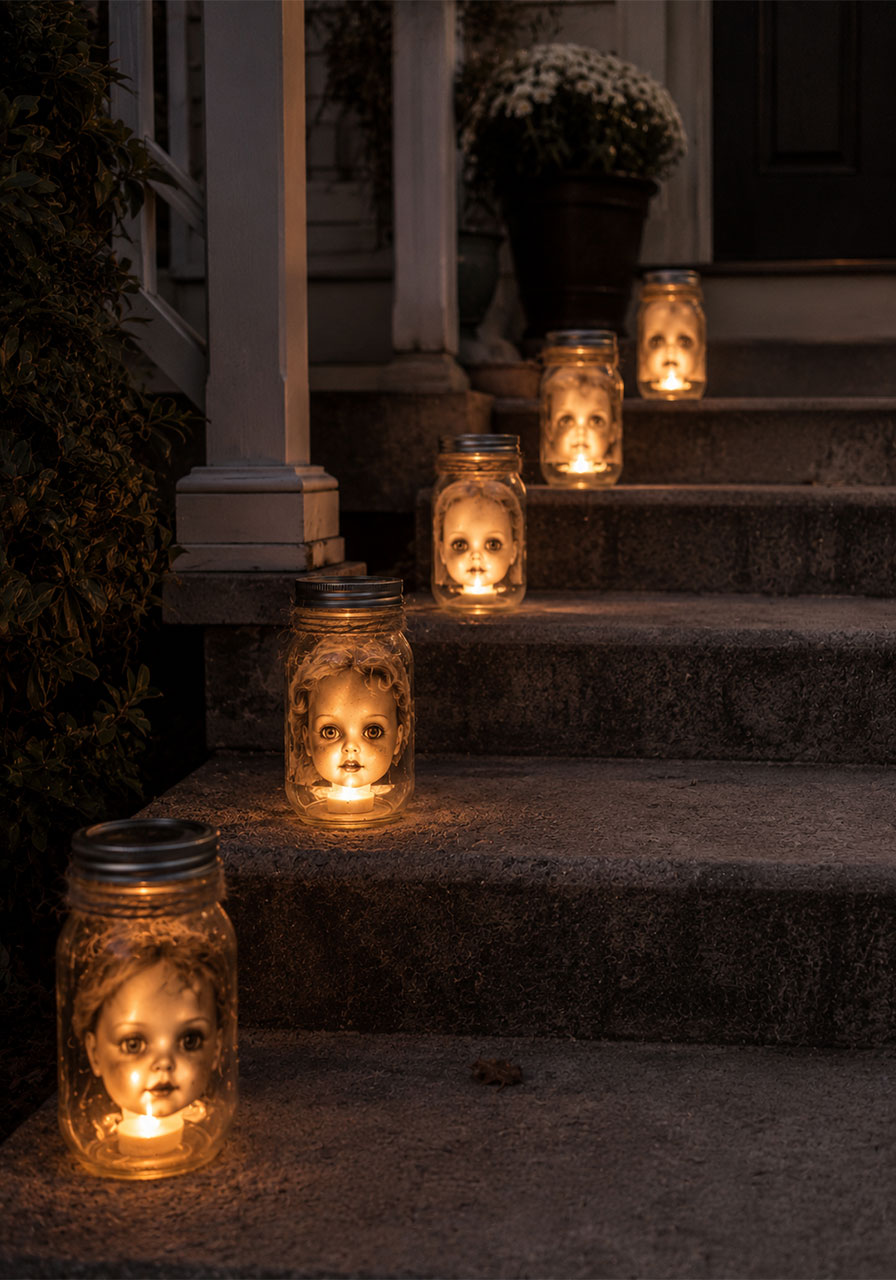 Doll face mason jar lanterns lining a porch walkway for Halloween decoration