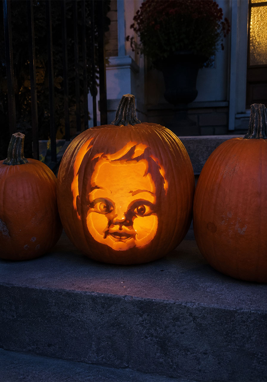 Pumpkin carved with a doll's face design for creepy Halloween porch decoration