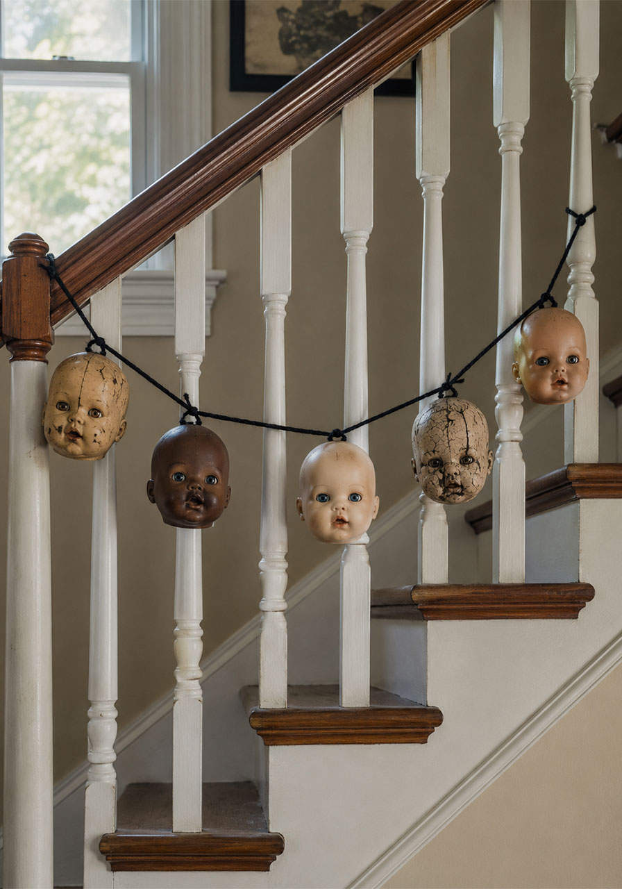 Doll head garland strung along a staircase railing for Halloween decoration