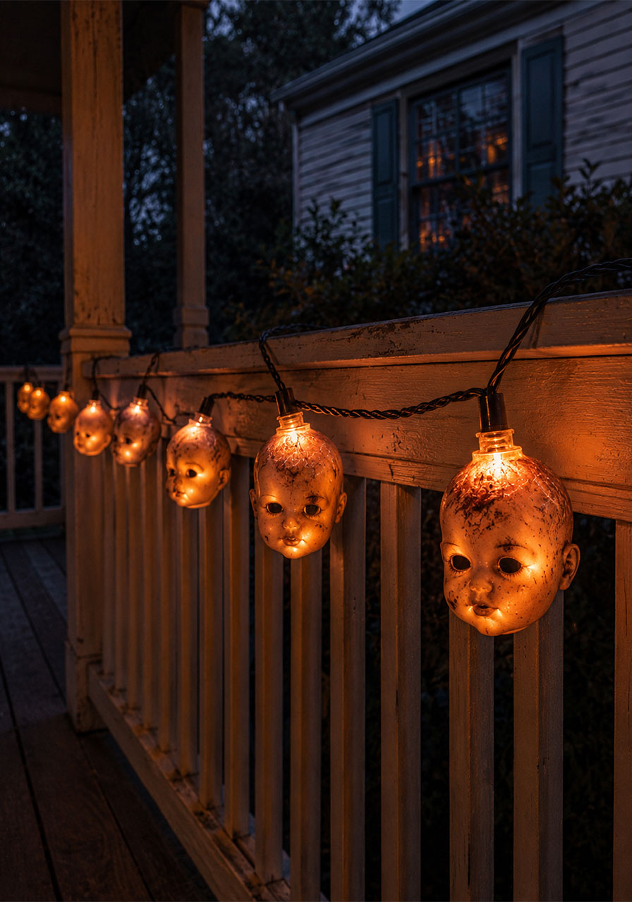 Doll head string lights glowing along a porch railing for Halloween decoration