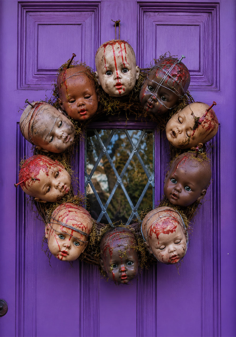 Doll head wreath with gory details hung on a front door for Halloween decoration