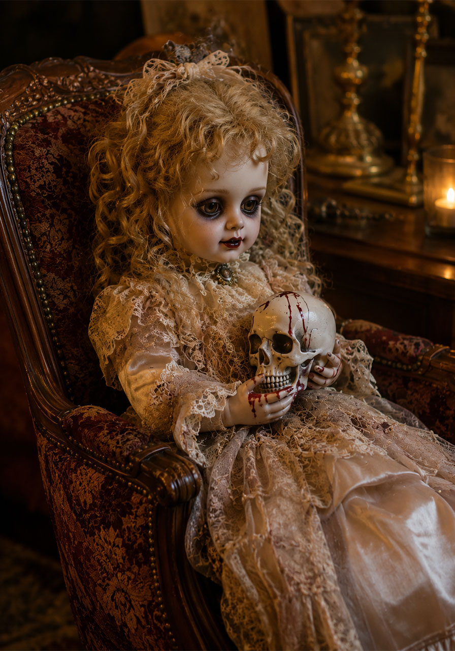 Victorian-style doll holding a faux skull for Halloween decoration display