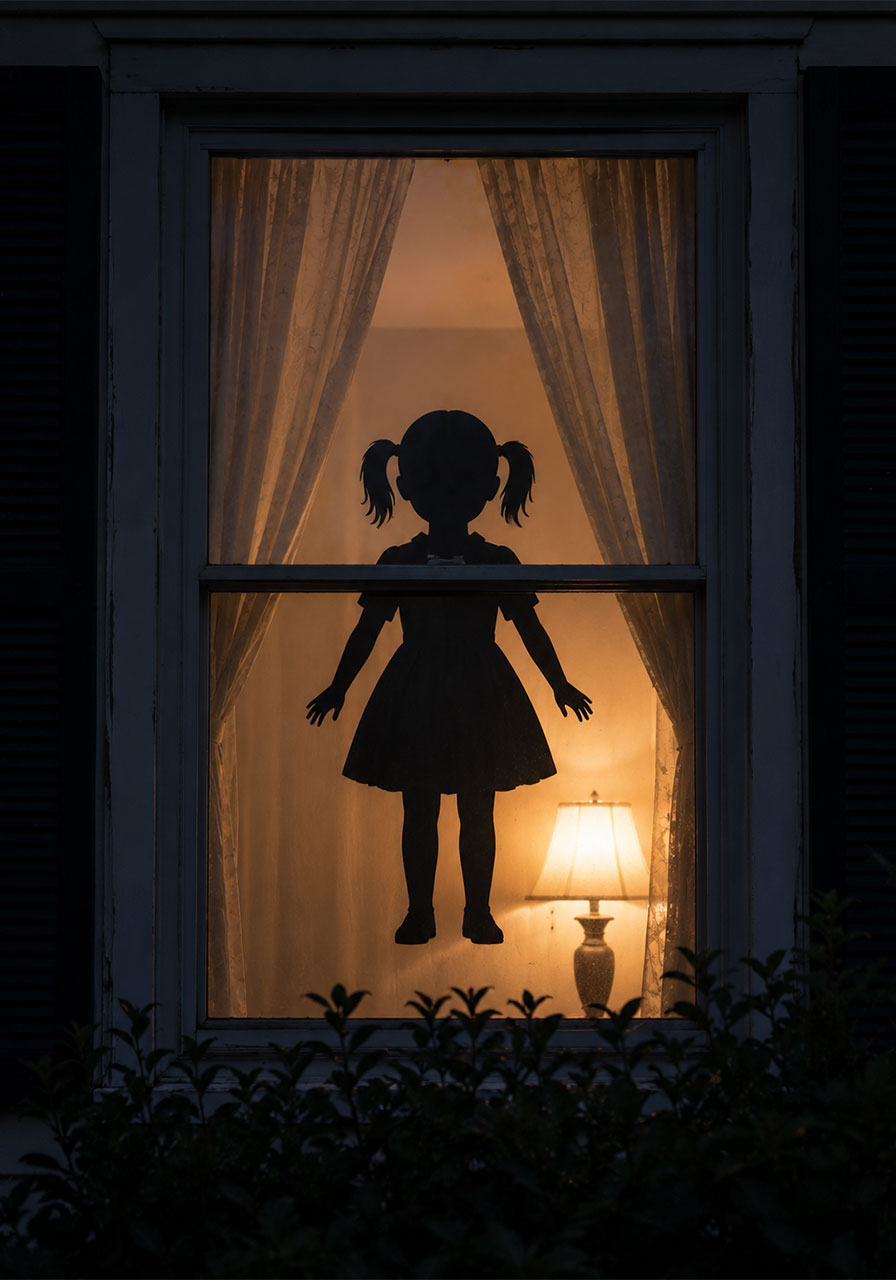 Backlit doll silhouette displayed in a front window for Halloween decoration