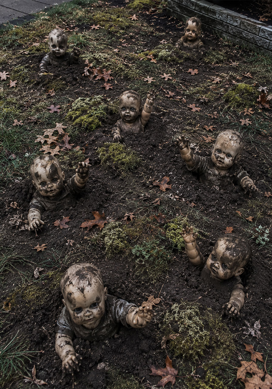 Half-buried dolls staged as a swamp scene for Halloween lawn decoration