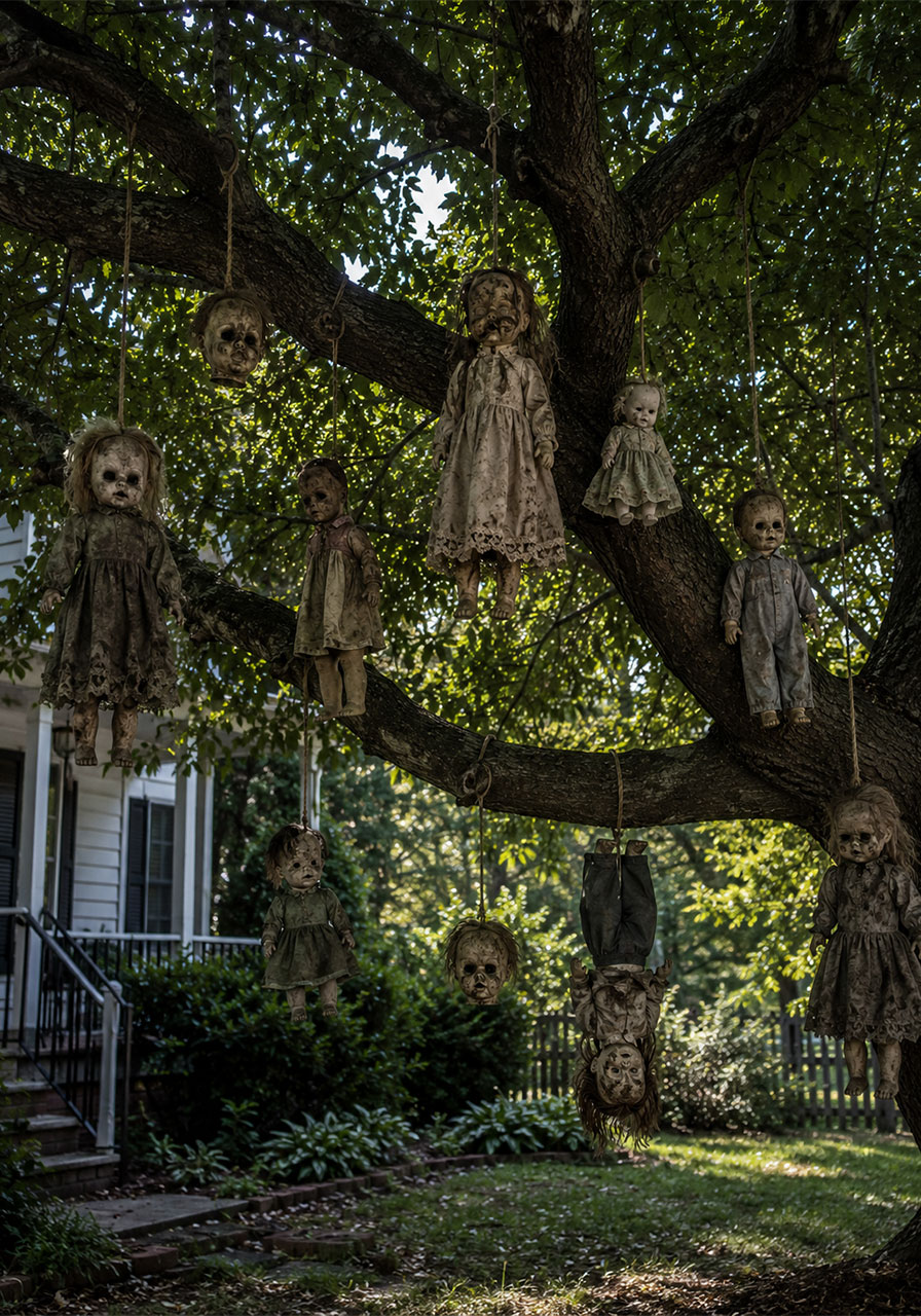 Weathered dolls hanging from tree branches for creepy Halloween yard decoration