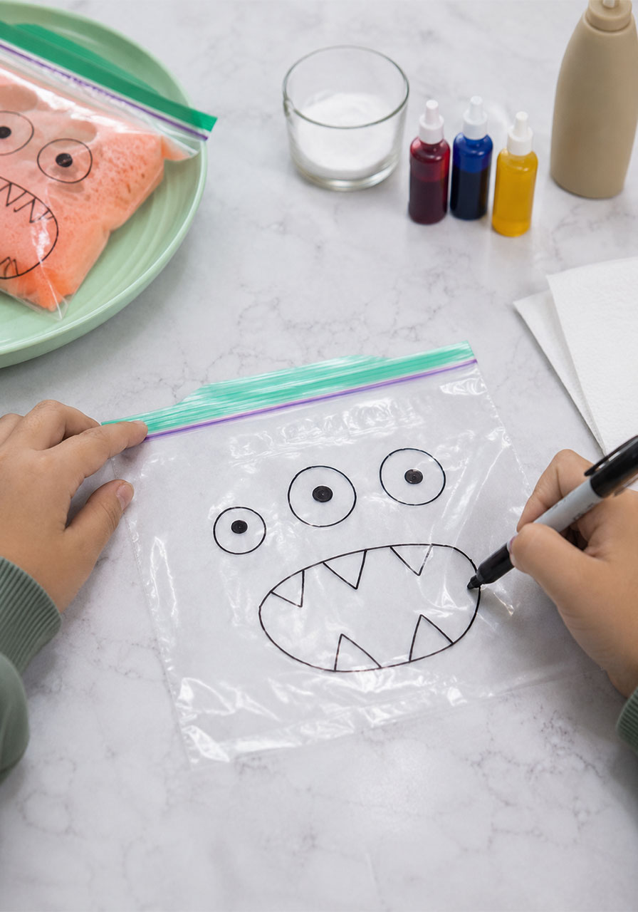 Drawing a monster face on a zip-lock bag for a kids science experiment