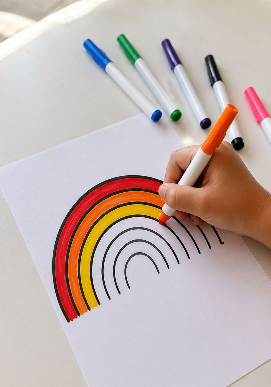 Child coloring a rainbow drawing for water refraction science experiment