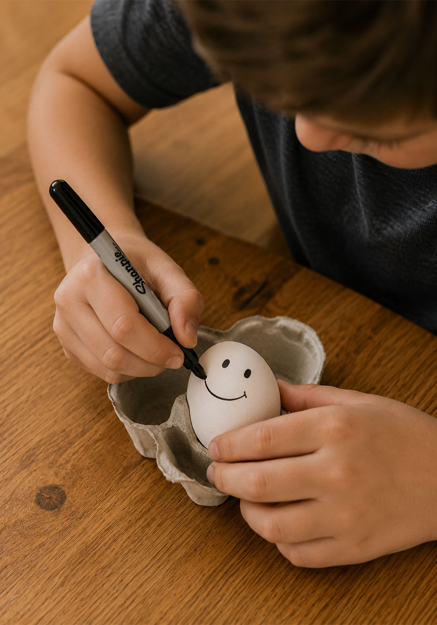 Drawing a face on the egg with a sharpie before starting the ghost eggs experiment