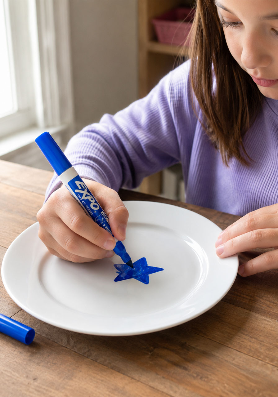 Child drawing a solid star shape with dry erase marker on a plate