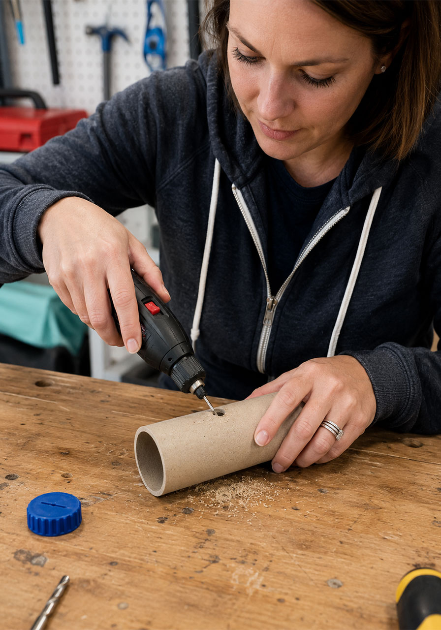 Drilling the viewing hole in a cardboard tube for a DIY spectrometer