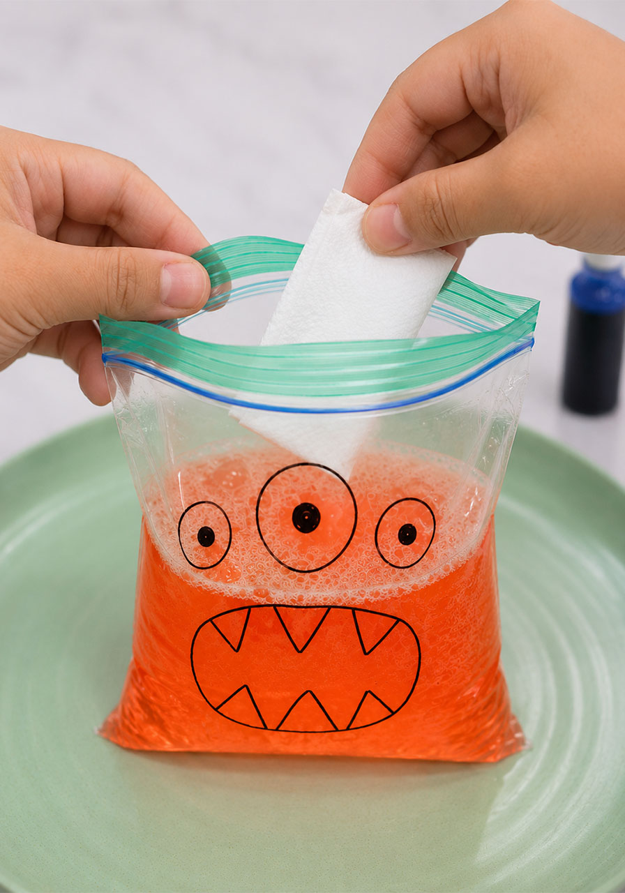 Dropping the baking soda packet into the monster bag to start the chemical reaction