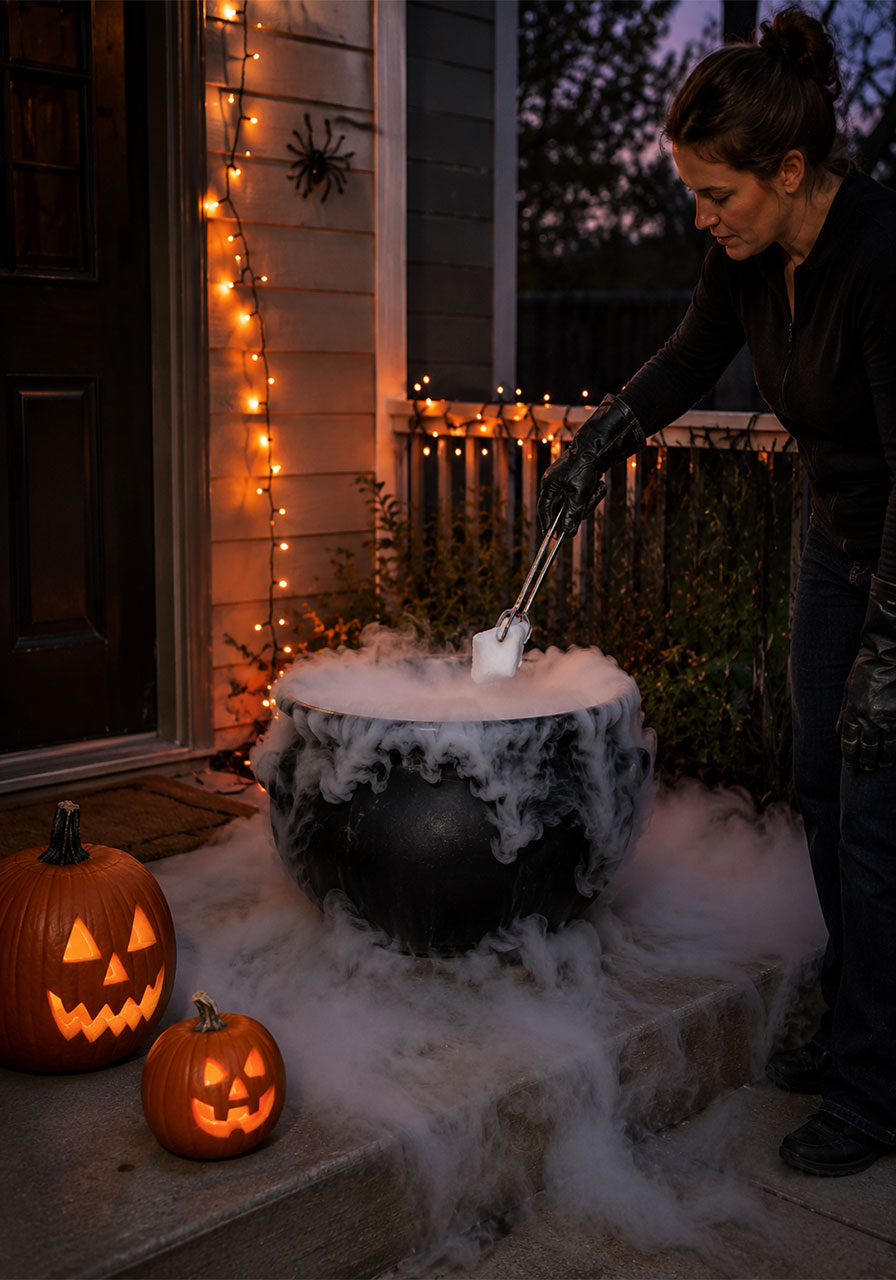 Dry ice fog bubbling cauldron effect for spooky Halloween porch decor with adult supervision