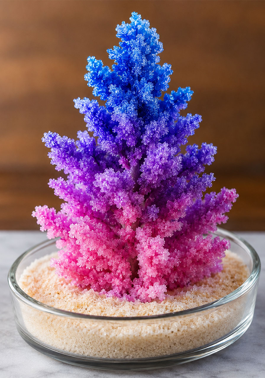 Finished baking soda growing tree with blue and purple crystals, an easy kids science project