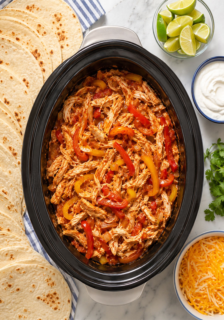 Easy crockpot chicken fajitas with peppers and warm tortillas