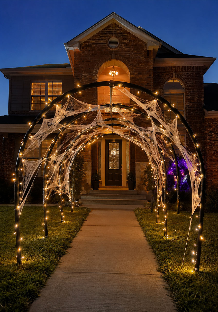 Easy DIY Halloween archway lit up at night with spider webs and string lights