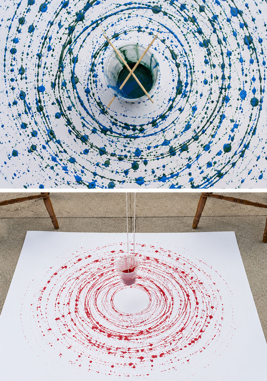 Easy pendulum painting for kids Pinterest pin showing colorful spiral STEAM art