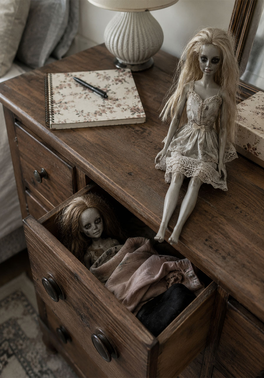 Subtly creepy dolls staged in a dresser drawer and desk for Halloween decor
