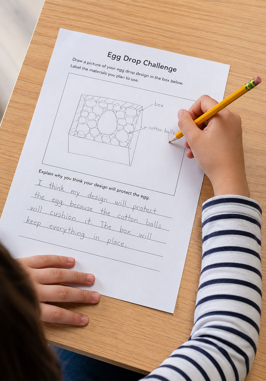 Child sketching an egg drop contraption design plan before building