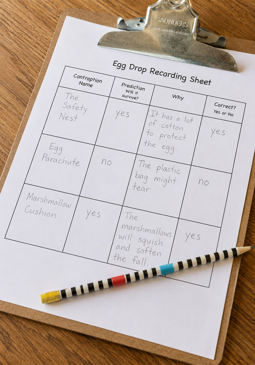 Egg drop challenge prediction recording sheet filled out by a student
