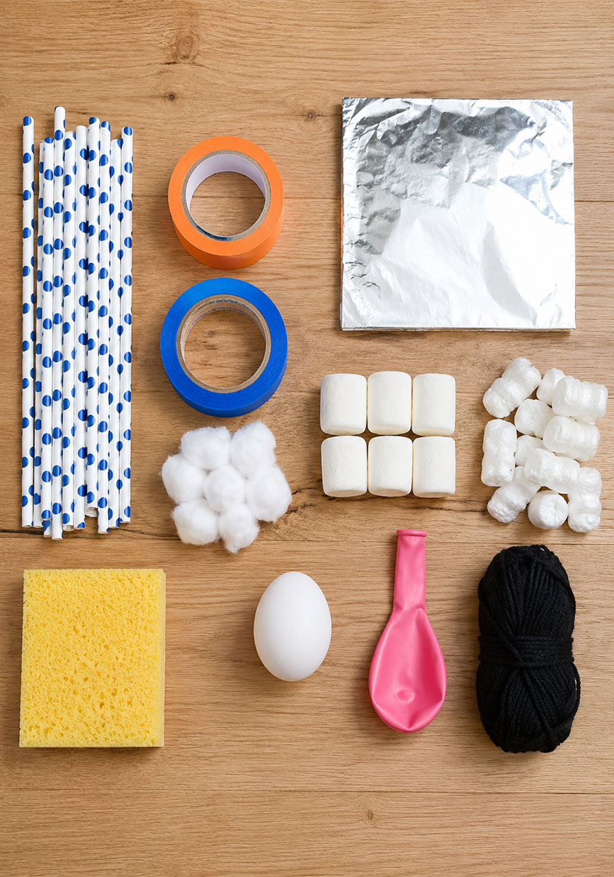Full materials flatlay for egg drop STEM challenge including straws tape cotton and a raw egg