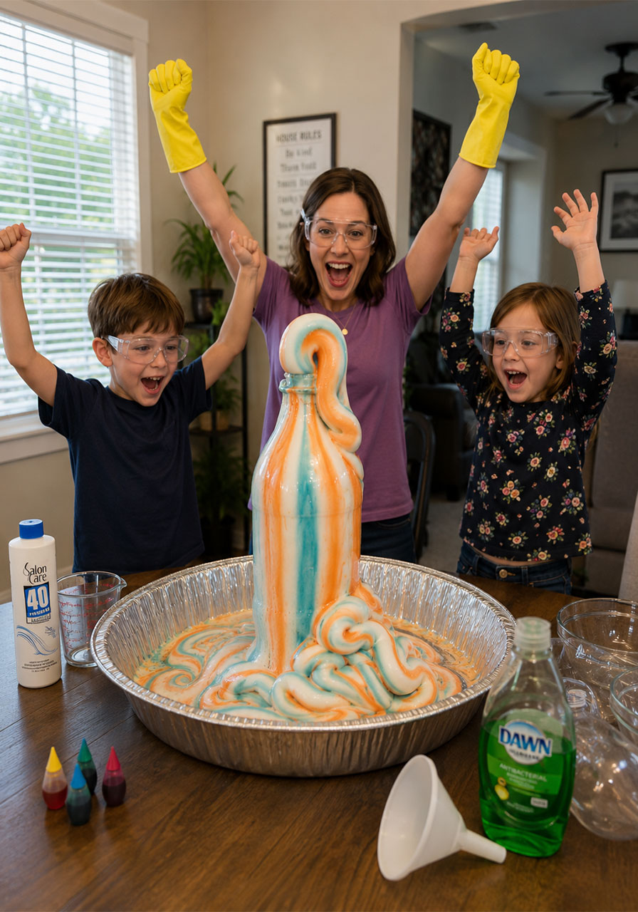 Family celebrating successful elephant toothpaste STEAM experiment together
