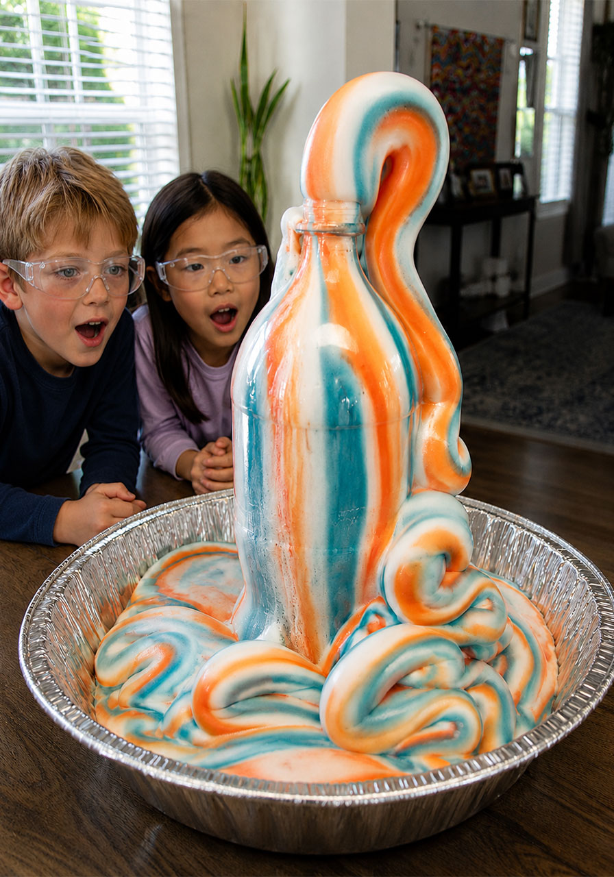 Elephant toothpaste STEAM experiment erupting in colorful foam from a bottle