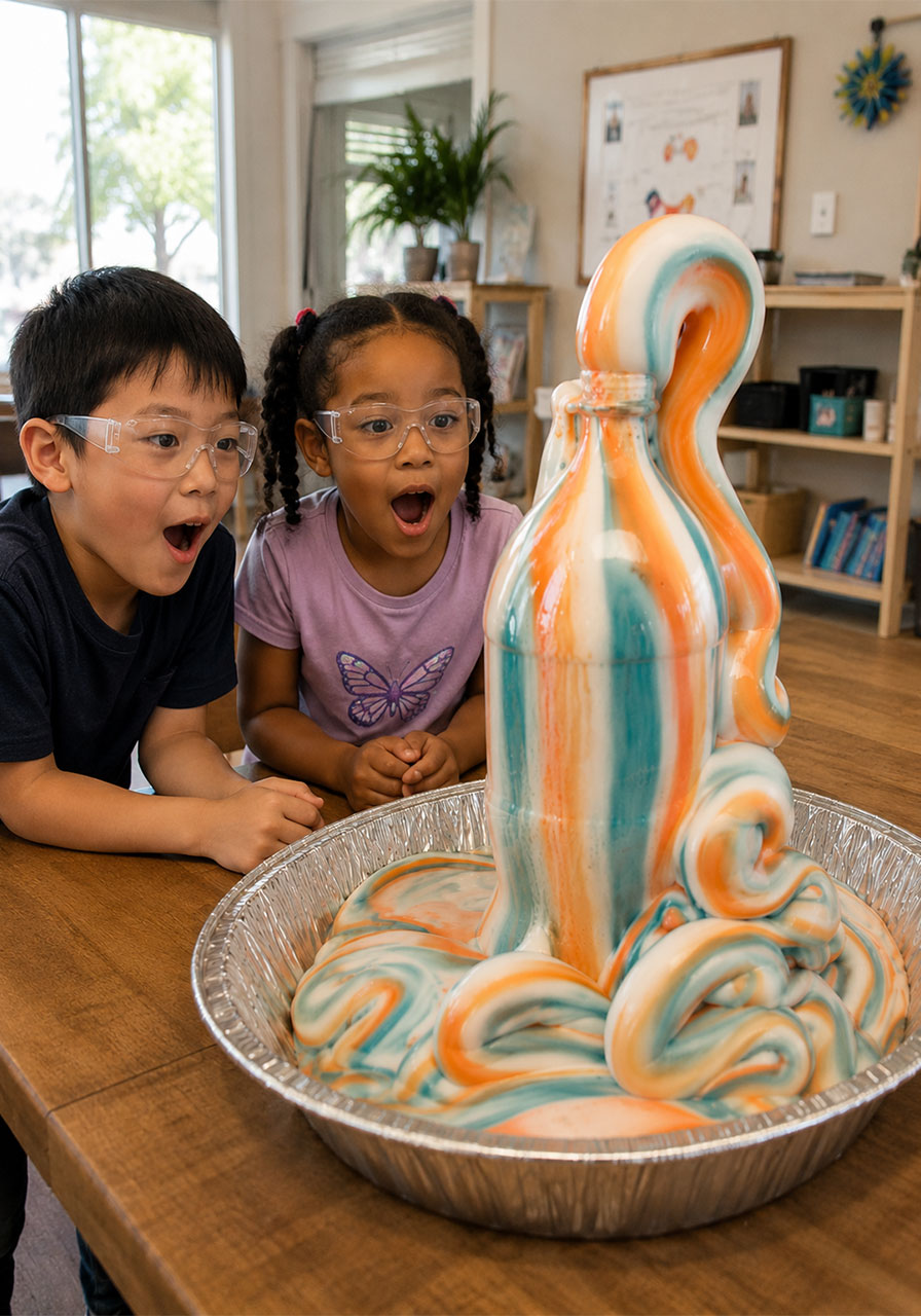 Kids amazed watching elephant toothpaste foam experiment erupt