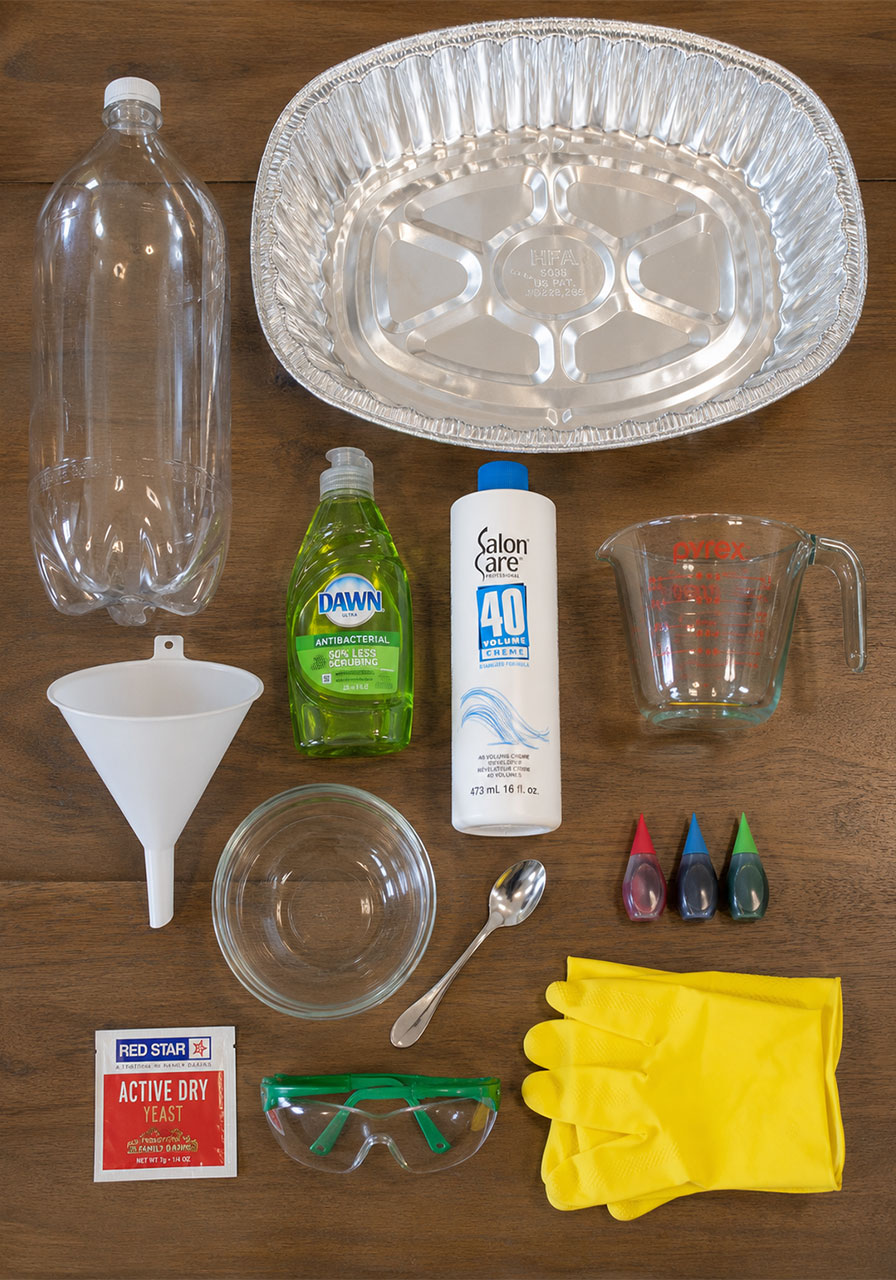 Complete materials needed for elephant toothpaste science experiment laid out on table